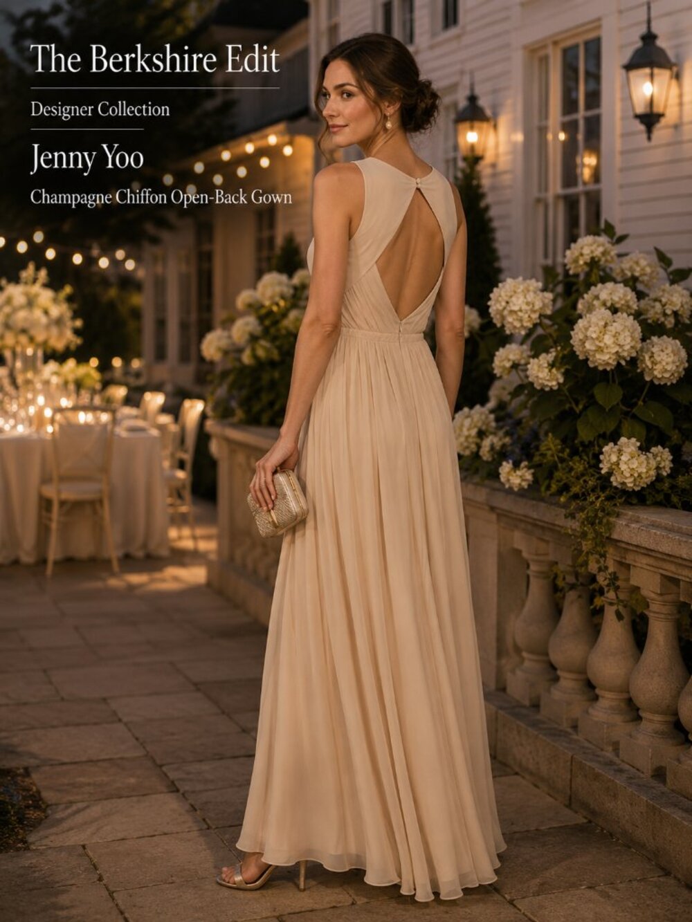 Jenny Yoo Champagne Ivory Pleated Chiffon Open Back Maxi Gown Size 2 - Picture 1 of 11